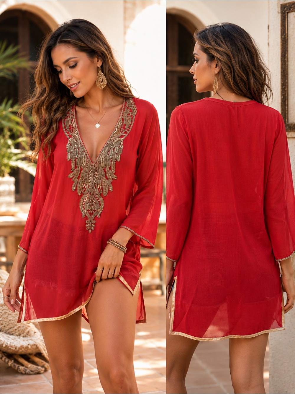Jsquad Red Sheer Embellished Tunic Cover Up Size M New Without Tags